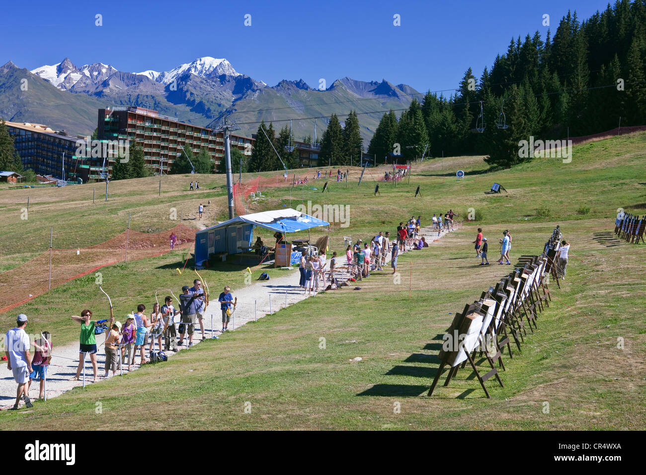 France, Savoie Les Arcs 1800, archery with view on Mont Blanc (4810m) massif de la Vanoise Stock Photo