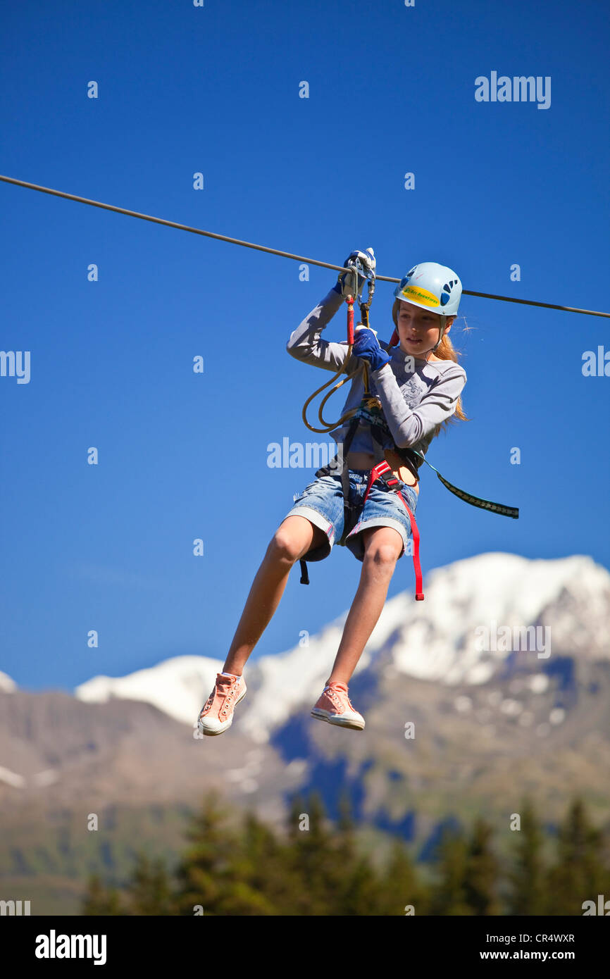 France, Savoie Les Arcs 1800, Massif de la Vanoise, adventure zip line and background of Mont Blanc (4810m) Stock Photo