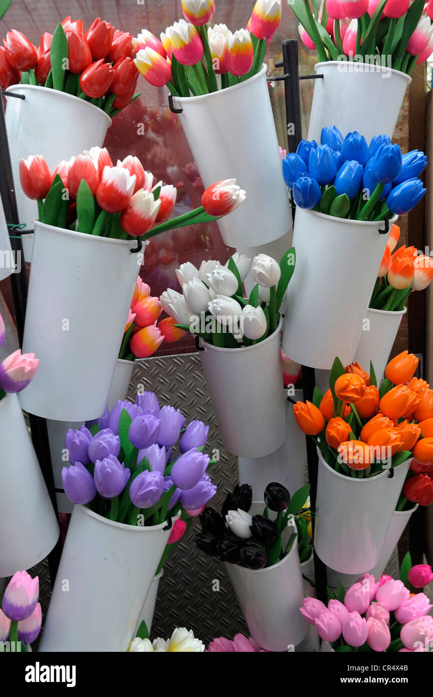 Netherlands, Amsterdam, flower market of Singel canal, wooden tulips