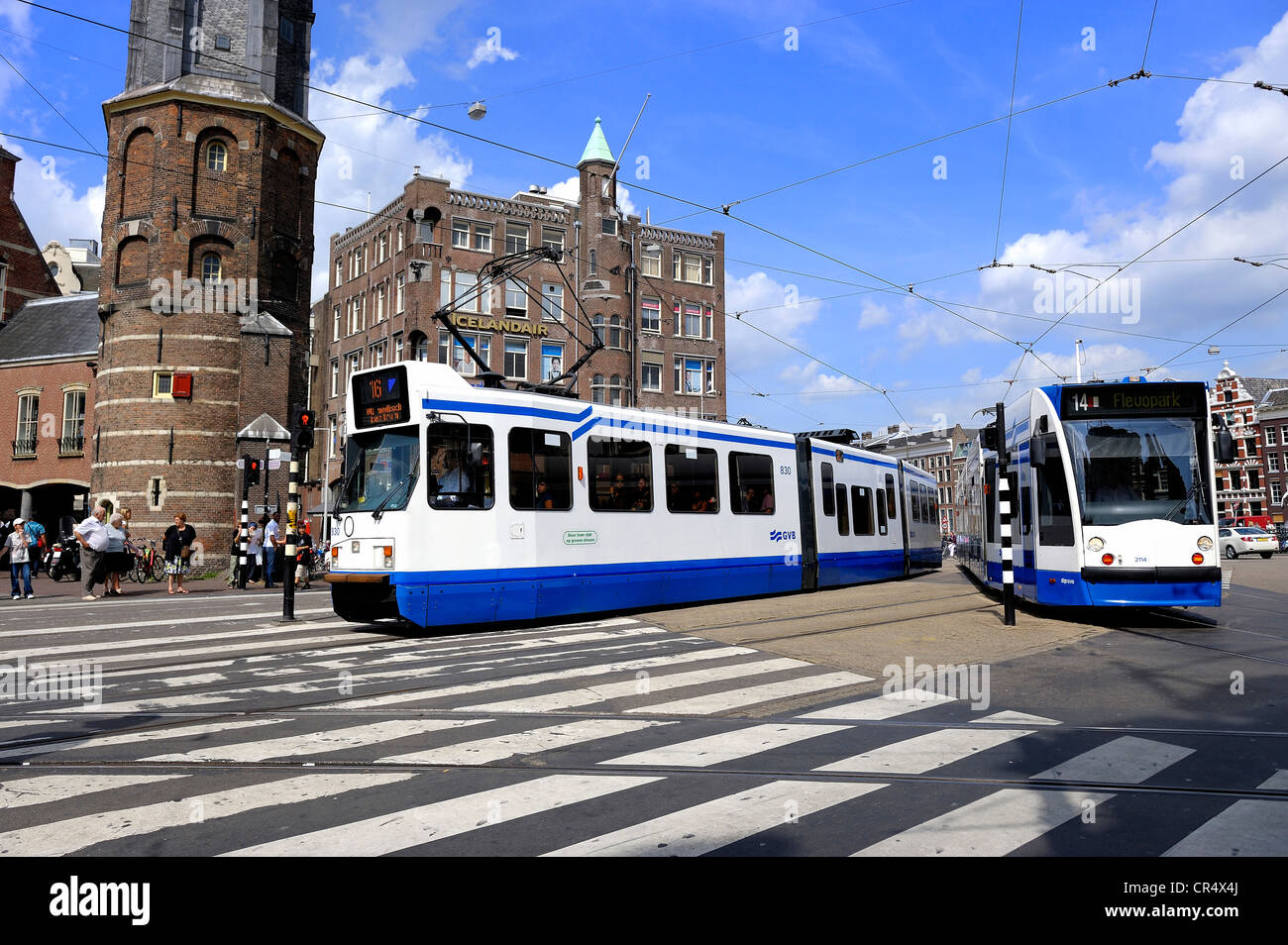 Netherlands, Amsterdam, tramways on Muntplein Stock Photo