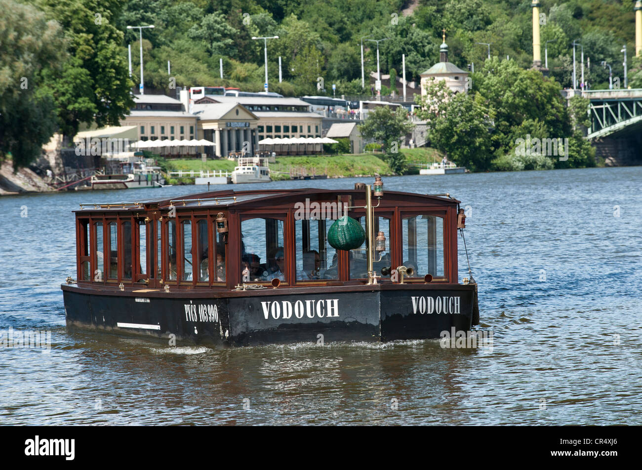 Excursion boat on the Moldau River, Prague, Bohemia, Czech Republic, Europe Stock Photo