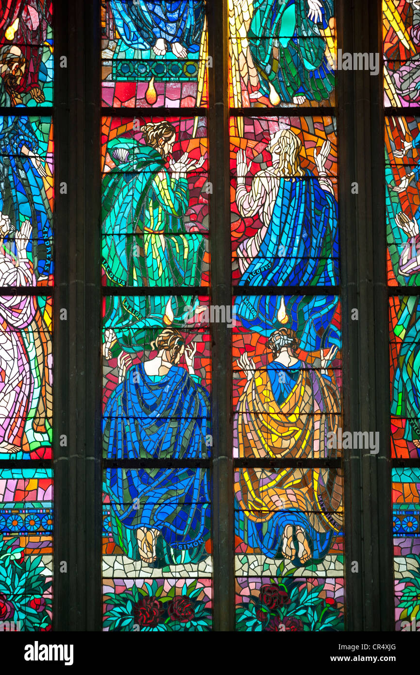 Stained-glass window, St Vitus Cathedral, Prague, Bohemia, Czech Republic, Europe Stock Photo