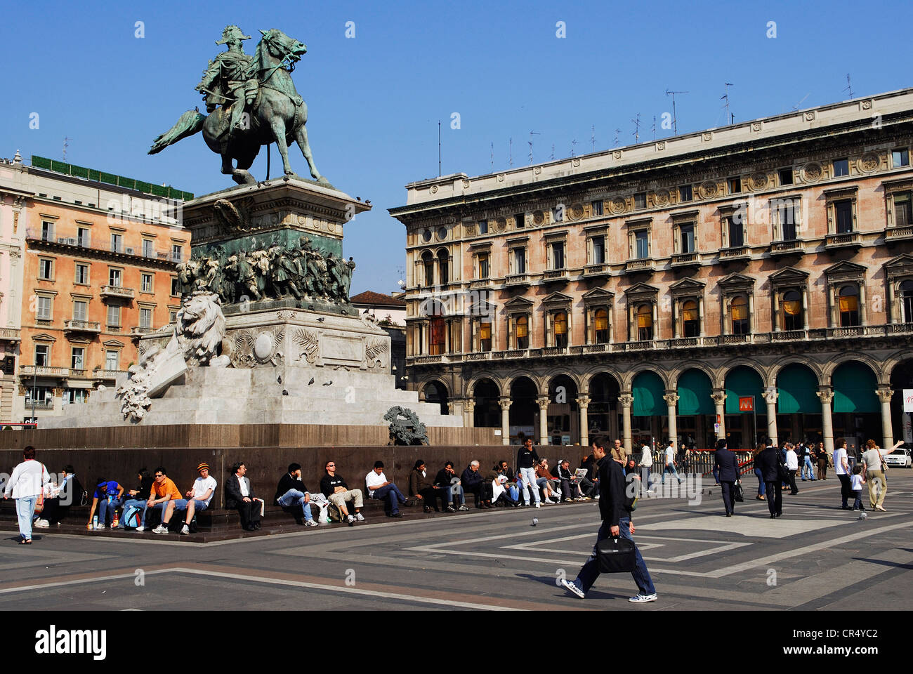 Italy, Lombardy, Milan, Piazza del Duomo, equestrian statue of Vittorio Emanuele II (Victor Emanuel) Stock Photo