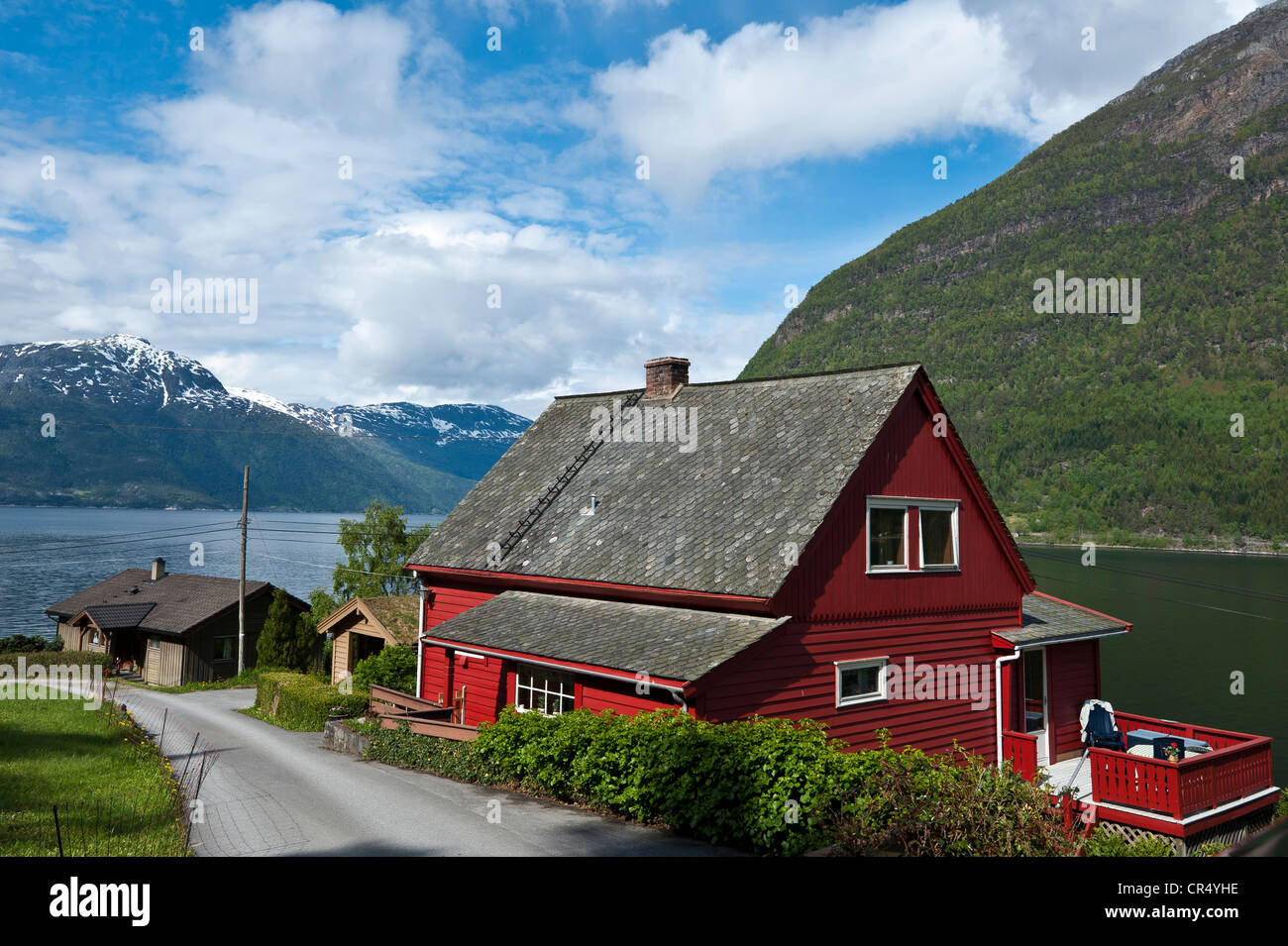 Typical red wooden house on the Hardanger Fjord, Norway, Scandinavia, Northern Europe, PublicGround Stock Photo