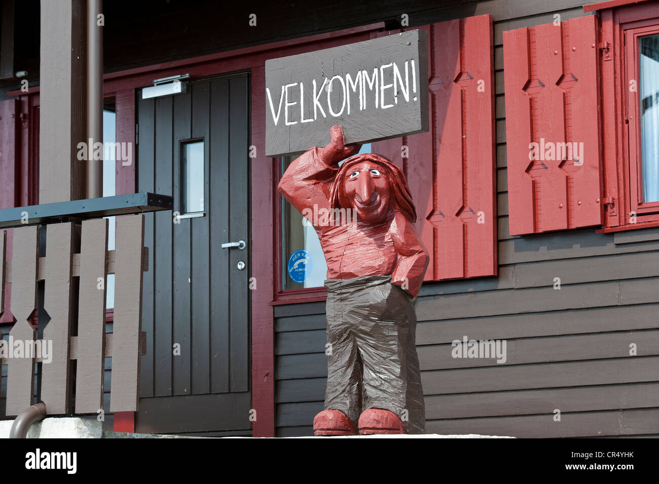 Troll figure holding a welcome sign, Hardangervidda mountain plateau, Norway, Scandinavia, Northern Europe Stock Photo