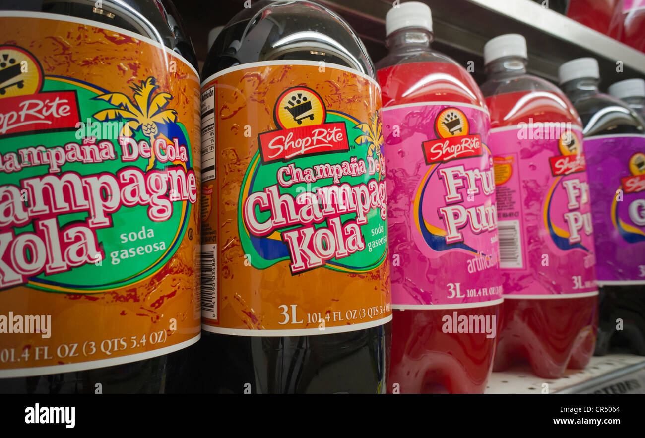 Three liter bottles of house brand soda are seen on a supermarket shelf in New York Stock Photo