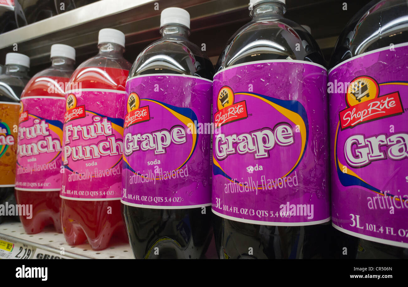 Three liter bottles of house brand soda are seen on a supermarket shelf in New York Stock Photo