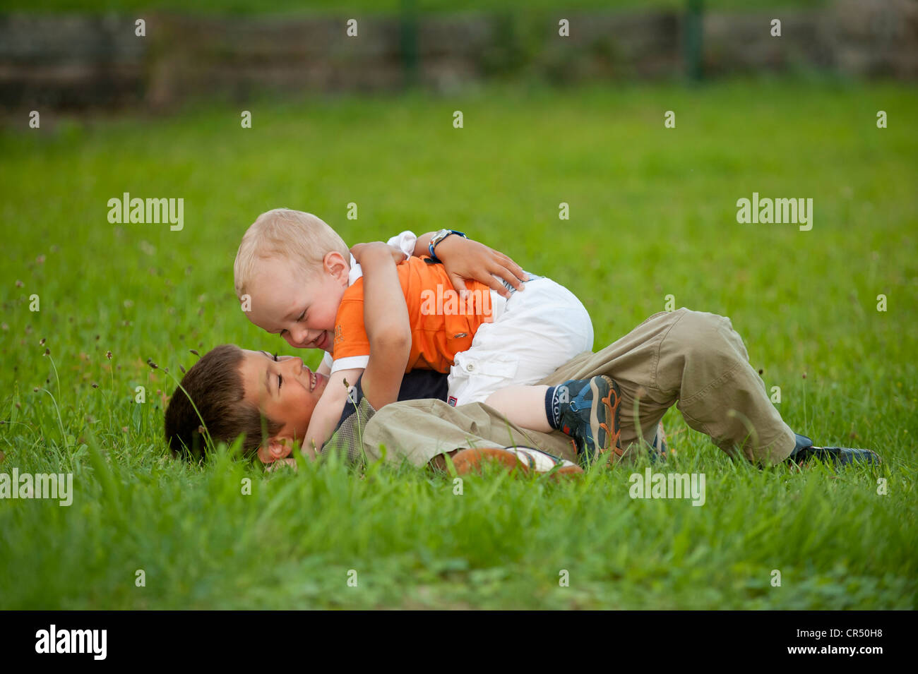 Boy, 6 years, playing with his little brother, 2 years, on a meadow Stock Photo