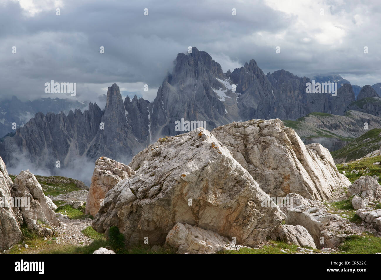 View from the foothills of Tre Cime di Lavaredo, Three Peaks range, to Mt Cima Cadini, South Tyrol, Italy, Europe Stock Photo
