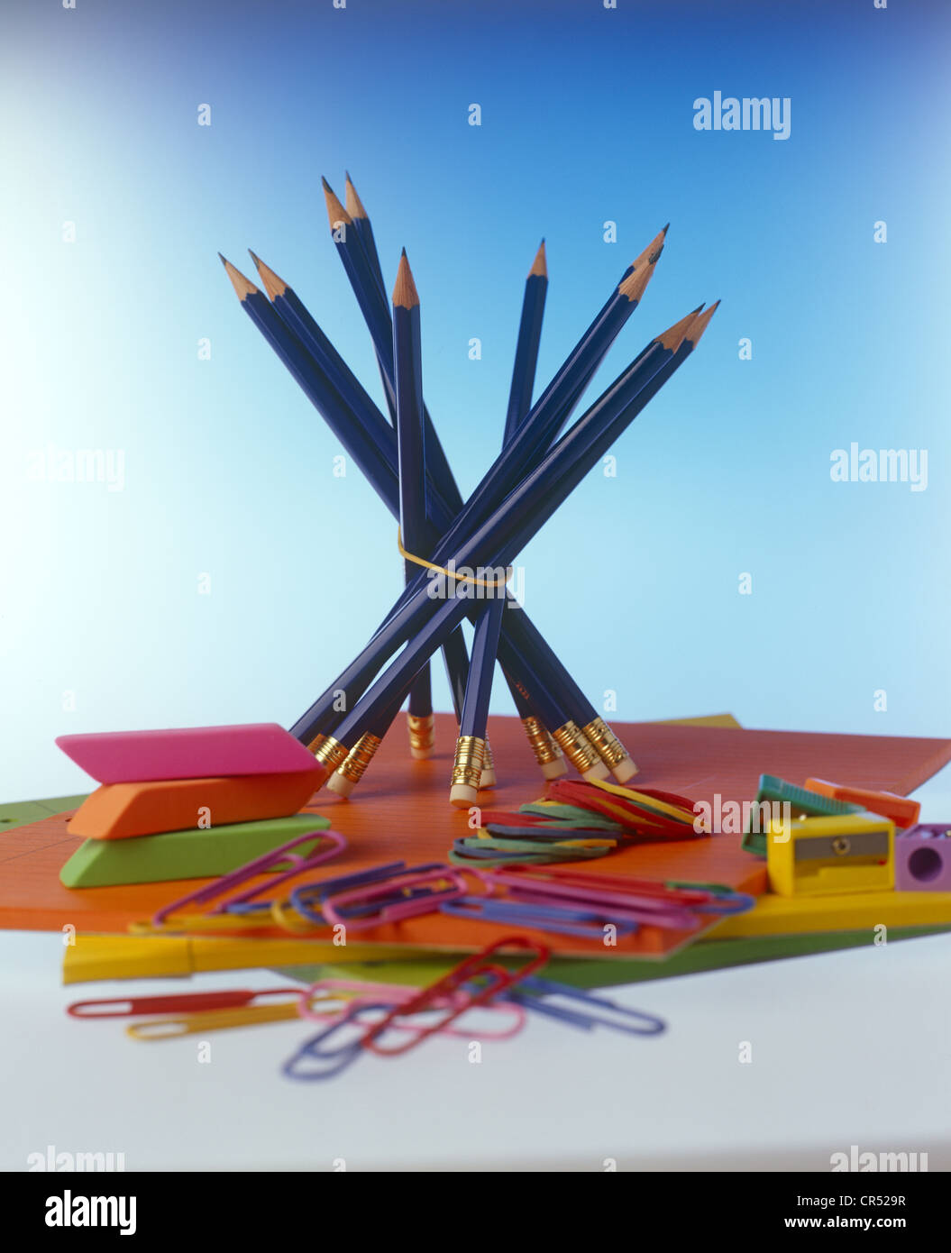 stationary office pencils rubbers sharpeners clips paper Stock Photo