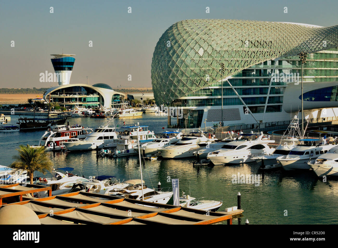 Yas Hotel and marina at the Formula One racetrack Yas Marina Circuit on Yas Island, Abu Dhabi, United Arab Emirates, Arabia Stock Photo
