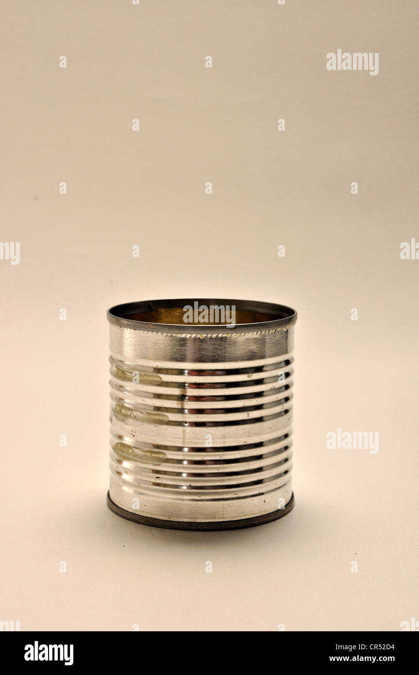 A tin can is on a plain white background Stock Photo
