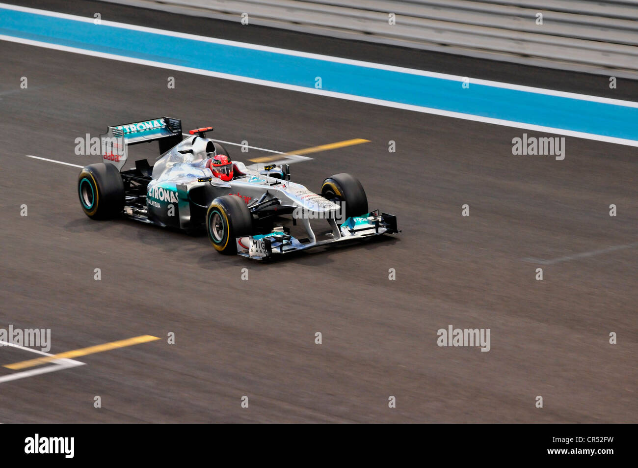 Formula One racing car of Michael Schumacher, Germany, start number 7, of the Team Mercedes-GP on the Yas Marina Circuit race Stock Photo