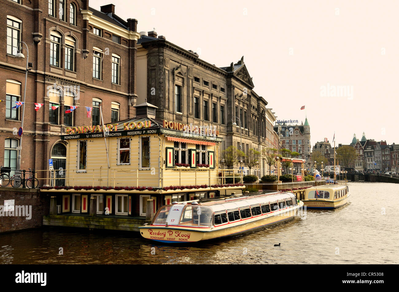 Excursion boats on the Amstel River, Oude Turfmarkt, Amsterdam, Holland, Netherlands, Europe Excursion boats on the Amstel River, Oude Turfmarkt, Amsterdam, Holland, Netherlands, Europe