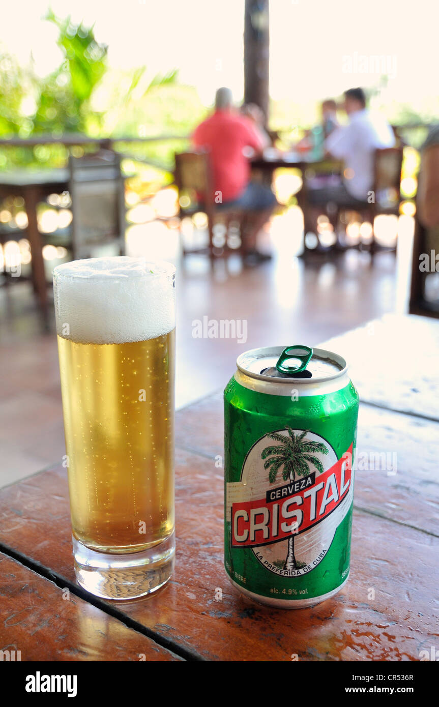 Local beer brand, Cristal, in a bar in Las Tunas, Cuba, Caribbean Stock Photo