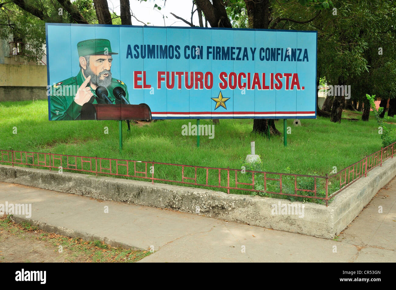 Advertising panel with political propaganda on it, Fidel Castro, Guantanamo, Cuba, Caribbean Stock Photo