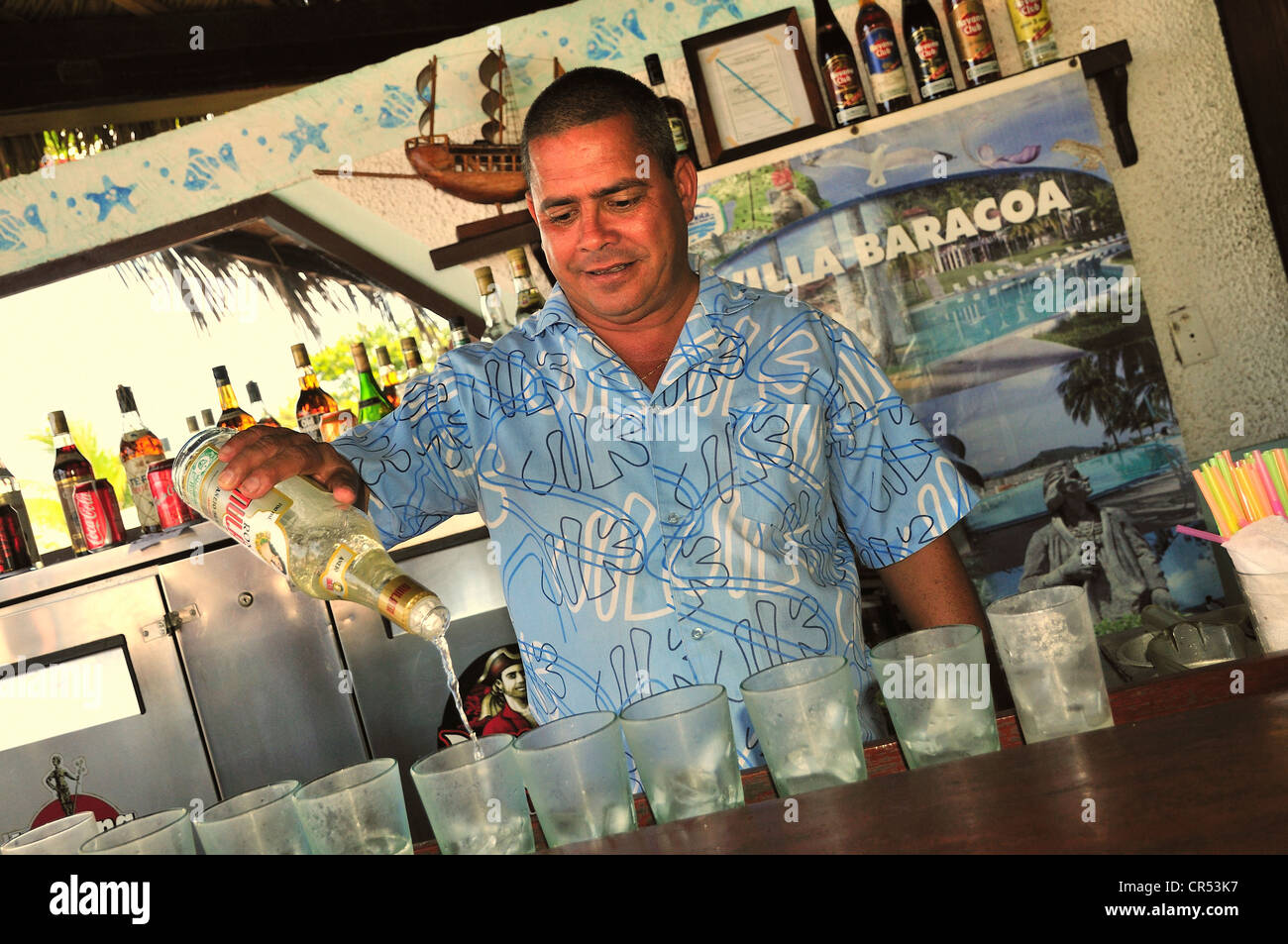 Bartenders mixing mojito cocktails, Baracoa, Cuba, Caribbean Stock Photo
