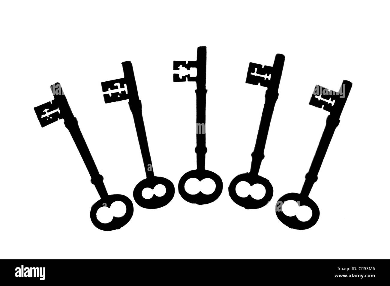 A silhouette of old rim lock keys, with room for text and easy to add your own background Stock Photo