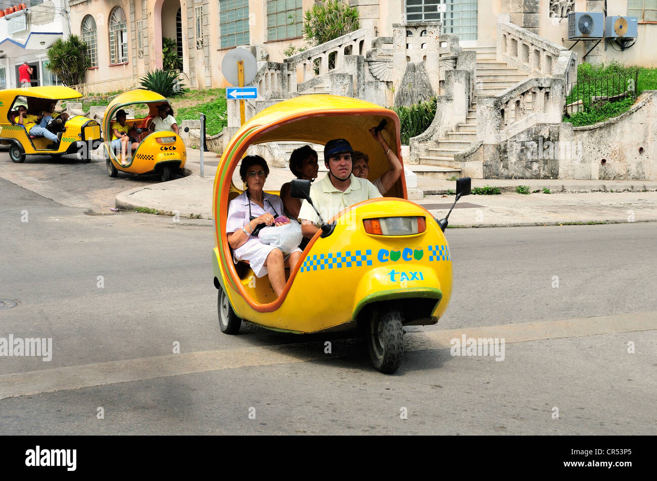 Coco-taxi in the old town Habana Vieja, Havana, Cuba, Caribbean Stock Photo