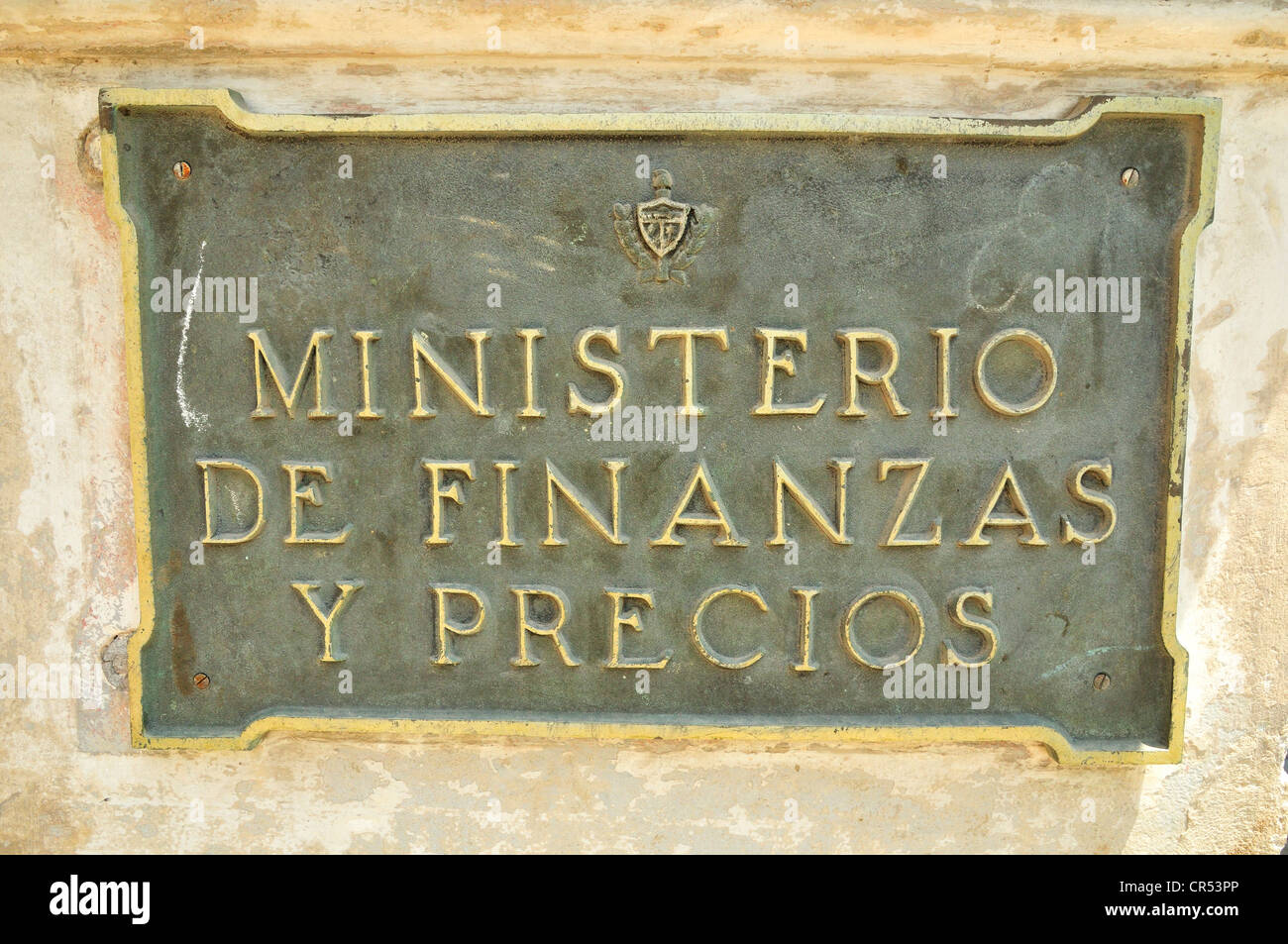 Sign at the Cuban Ministry of Finance in the old town Habana Vieja, Havana, Cuba, Caribbean Stock Photo