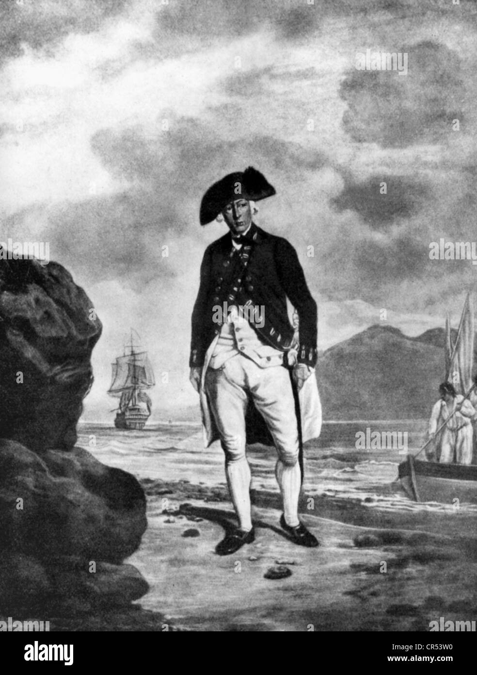 Philip, Arthur, 11.10.1738 - 31.8.1814, British naval officer, 1th Gouverneur of New South Wales 26.1.1788 - 10.12.1792, full length, landfall at Botany Bay 18.1.1788, based on painting, 1788, Stock Photo