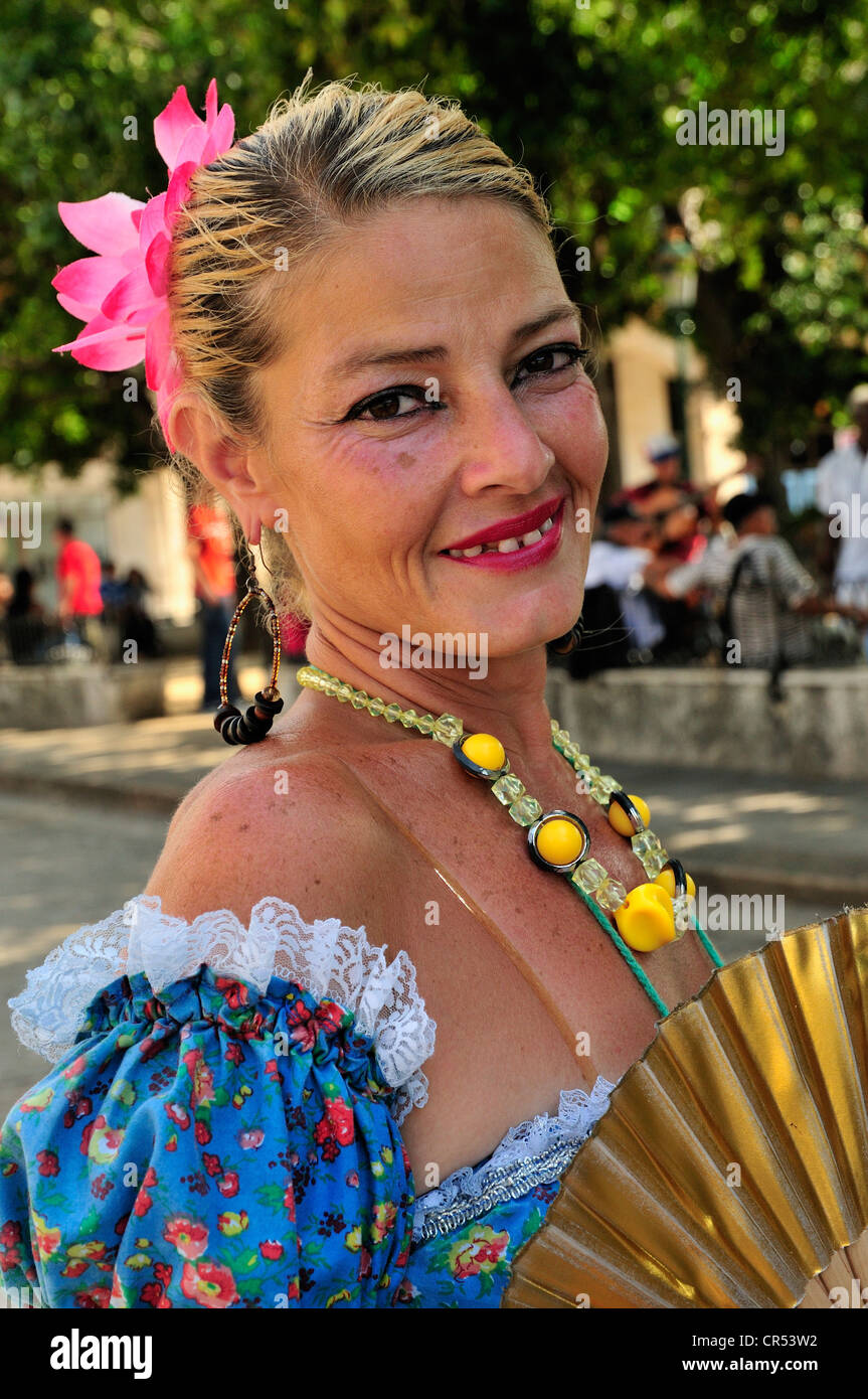 Cuban woman wearing a traditional costume in Old Havana, Habana Vieja, Havana, Cuba, Caribbean Stock Photo
