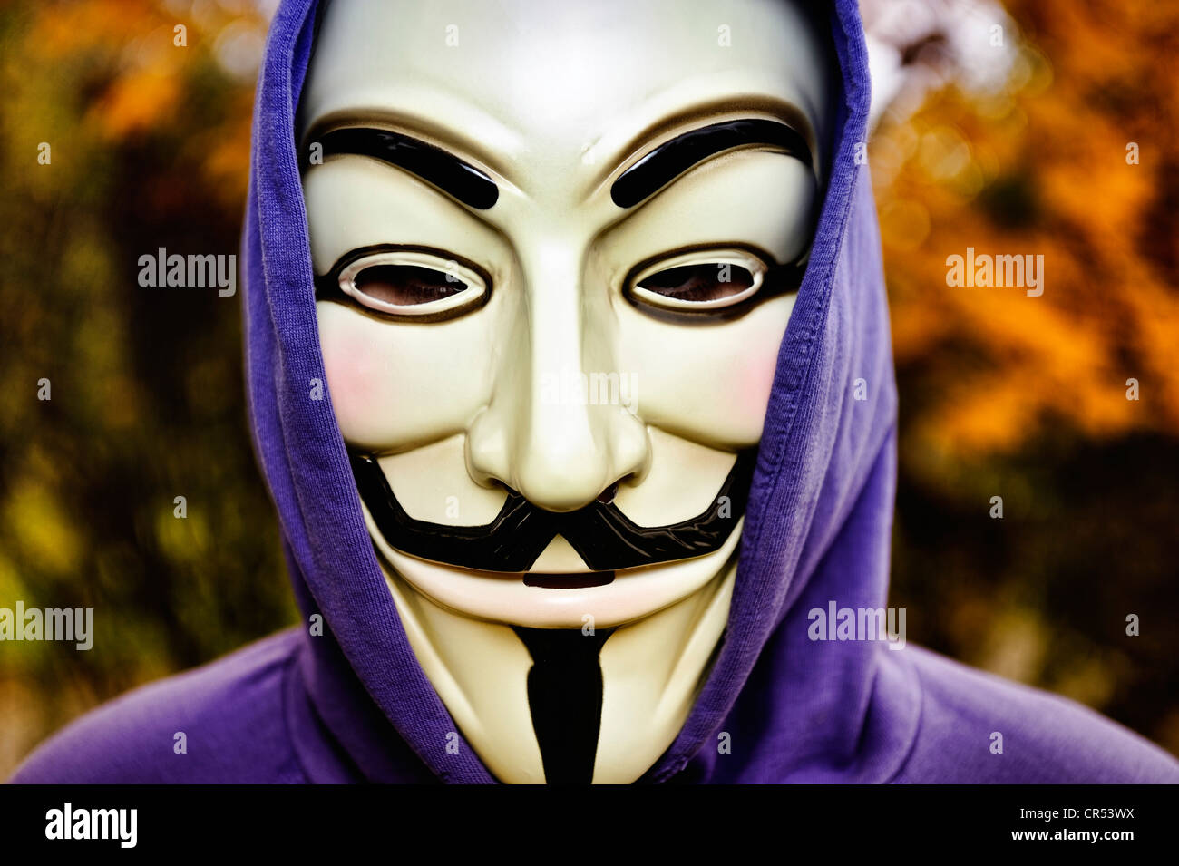 Man wearing the Guy Fawkes mask used by the Occupy movement, protesting