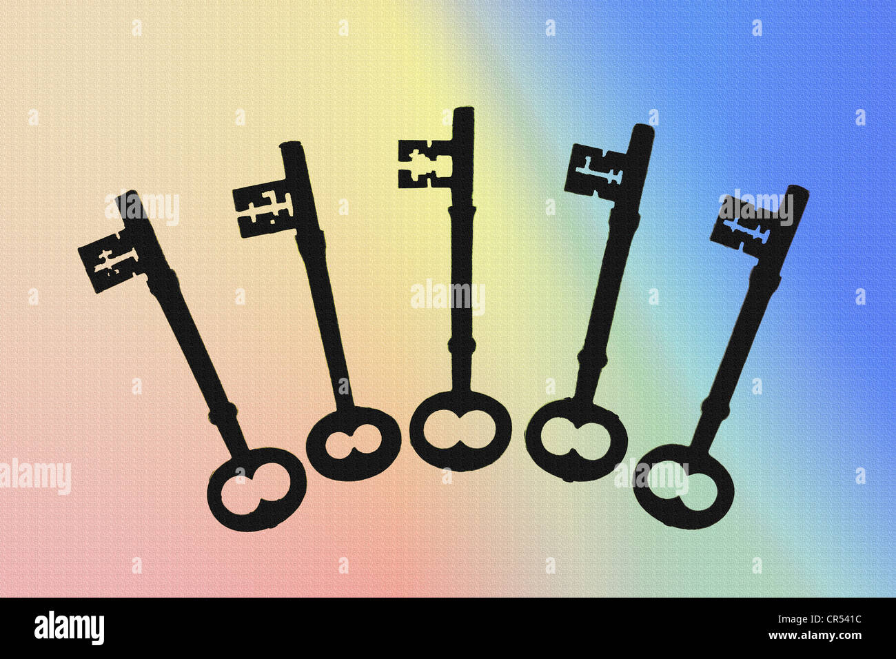 Silhouettes of old rim lock keys on a graduated textured background Stock Photo