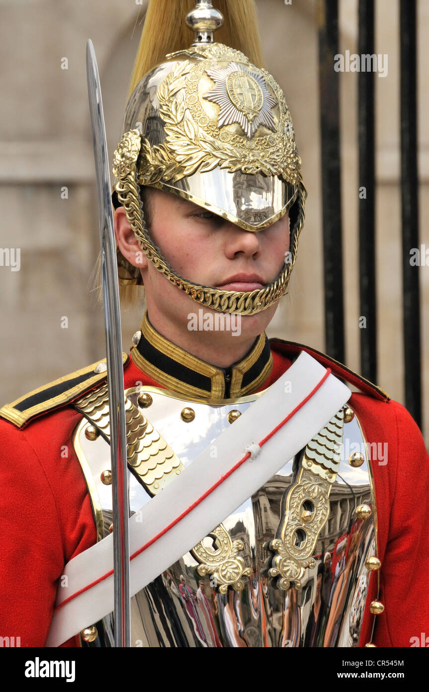 Horse Guard, portrait in front of the barracks of the Household Cavalry, Elite Force, Whitehall, London, England, Great Britain Stock Photo