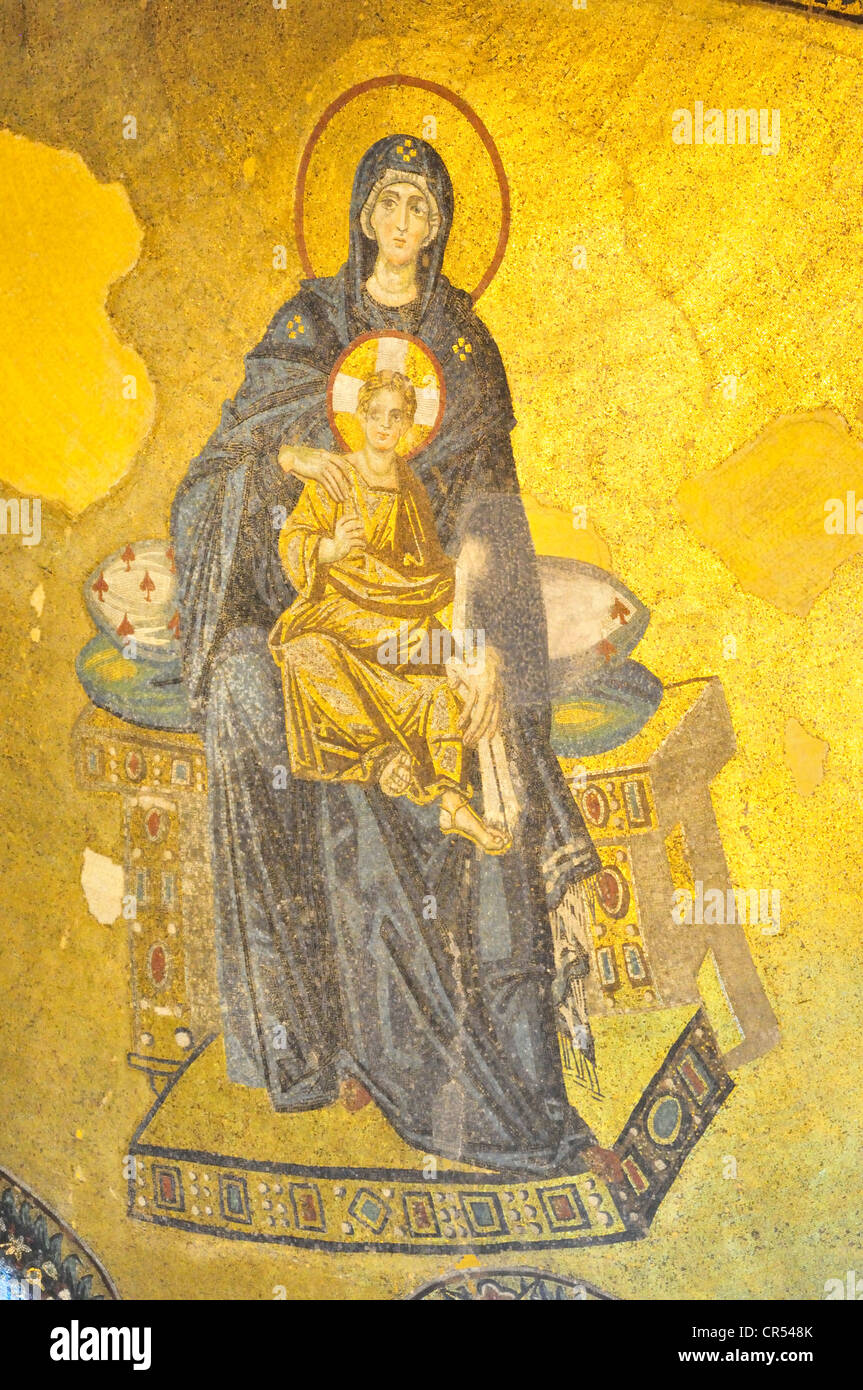 Wall painting of Mary with her child in a side dome of the Hagia Sophia, Istanbul, Turkey, Europe Stock Photo