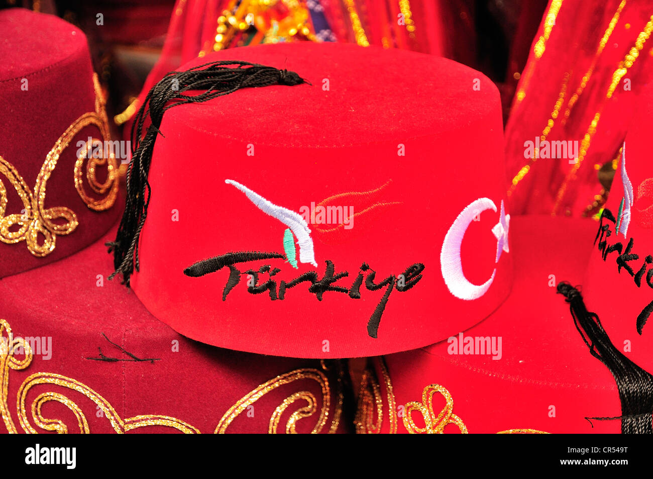 Turkish caps or fezes at a store at the Grand Bazaar, Istanbul, Turkey, Europe Stock Photo