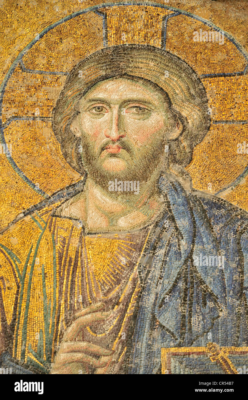 Deesis mosaic of Jesus Christ as Pantocrator or ruler of the world, 12th century, south gallery, Hagia Sophia, Istanbul, Turkey Stock Photo
