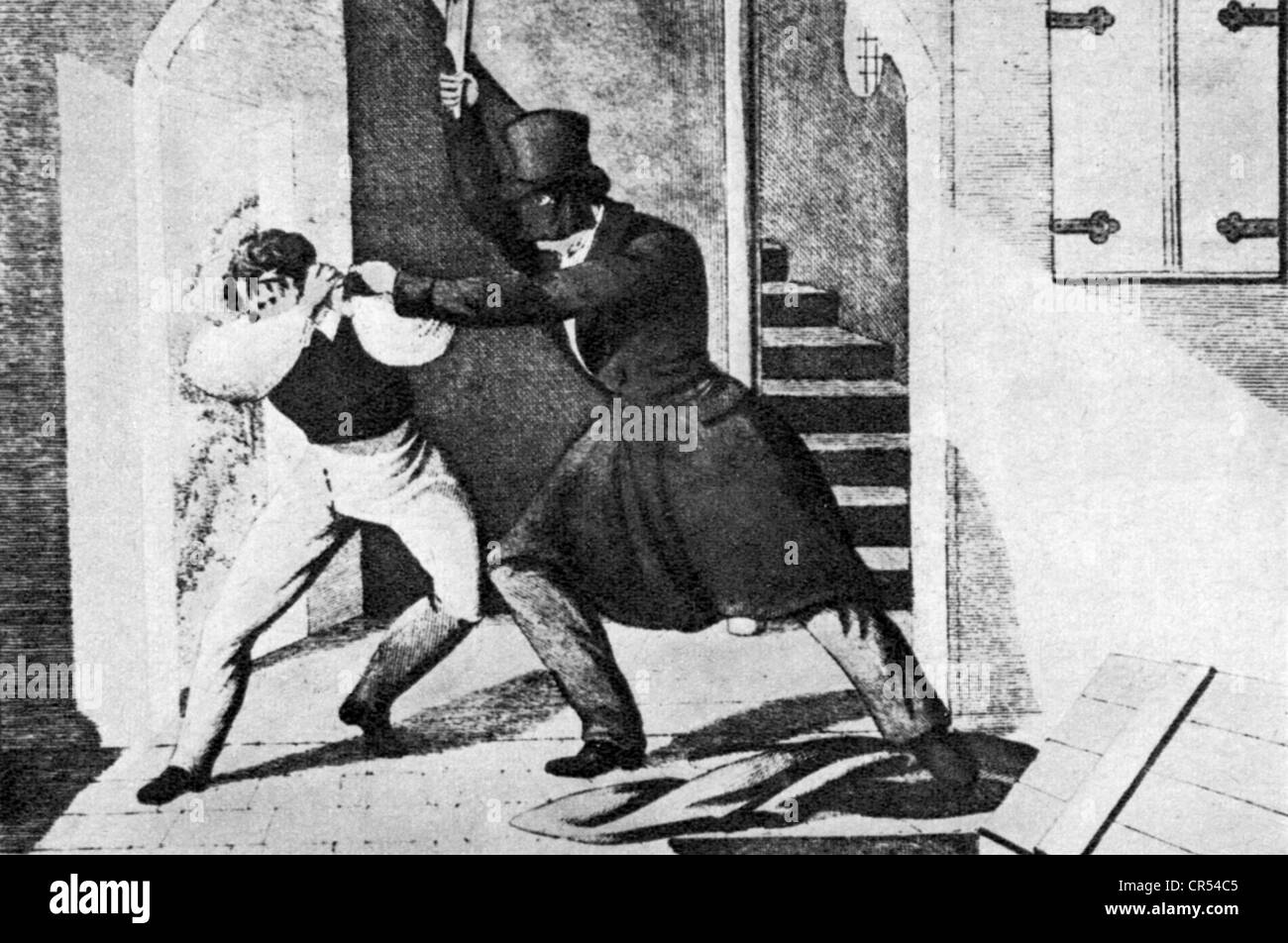 Hauser, Kaspar, 30.4.1812 - 17.12.1833, German foundling, scene, Hauer is attacked in the house of his teacher Daumer, 17.10.1829, Stock Photo