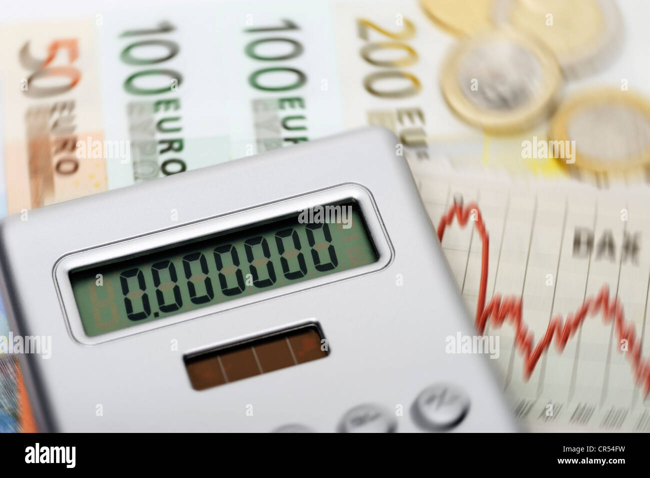 Pocket calculator displaying zeros, on Euro banknotes and an equity curve Stock Photo