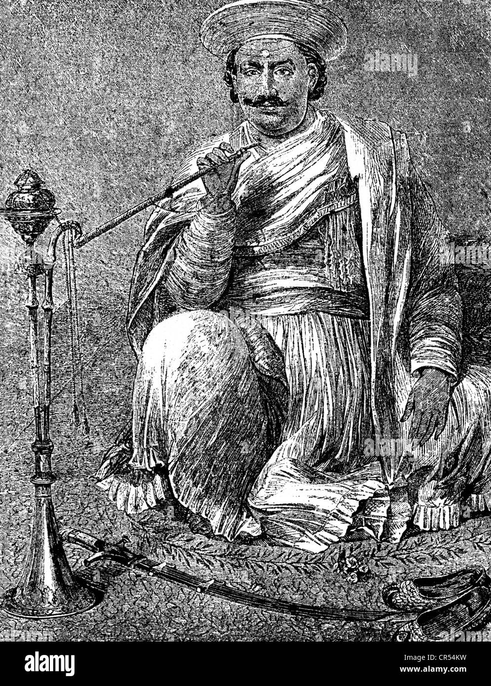 Nana Sahab (Dundu Pant), circa 1821 - after 1857, leader of the mutinous Indian troops in Cawnpore 1856/1857, sitting with hookah, engraving, 19th century, Stock Photo