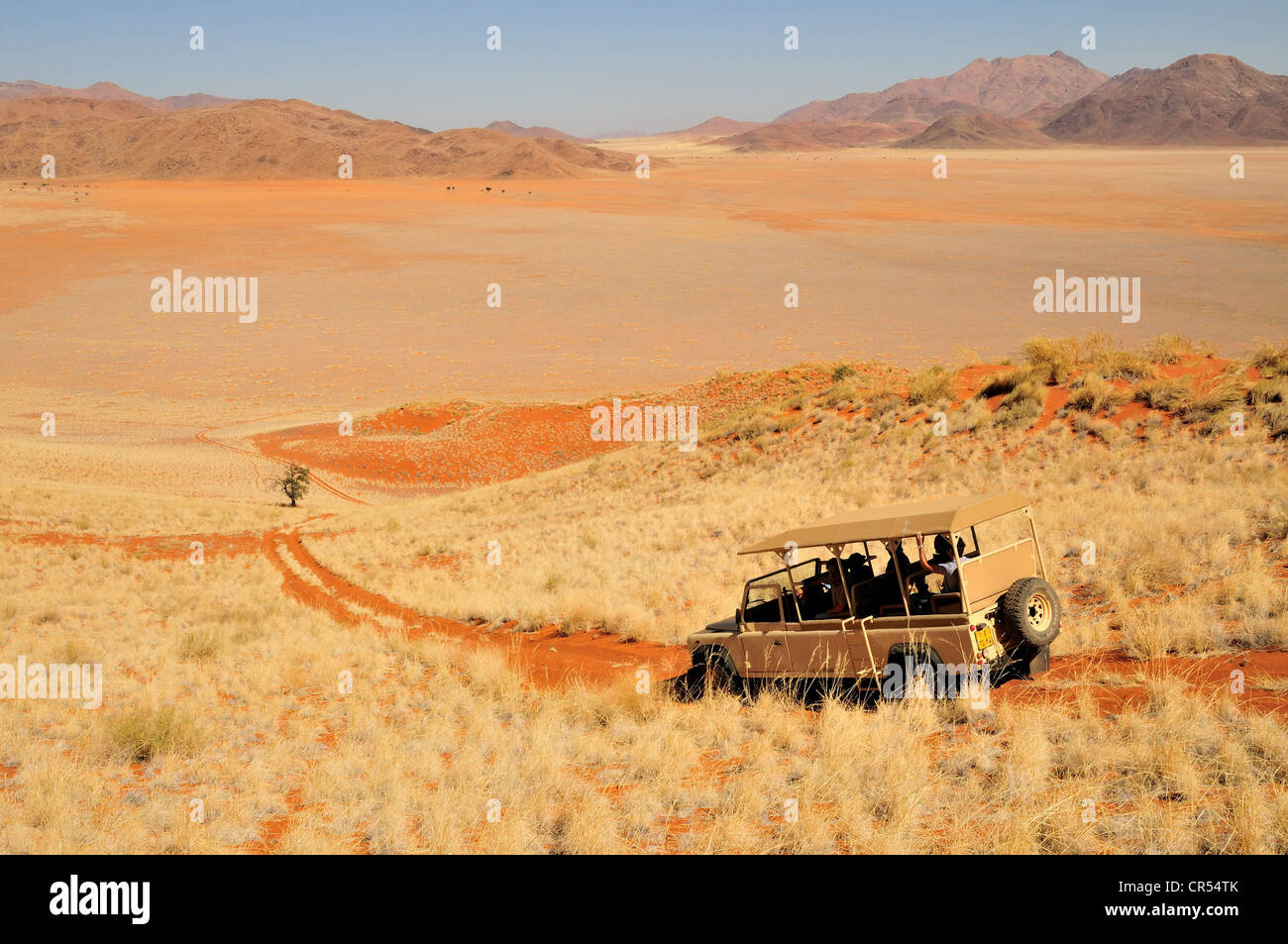 Safari vehicle of the Wolwedans Dune Lodge in the high grass of the dunes, Namib Rand Nature Reserve, in Wolwedans, Namib Desert Stock Photo