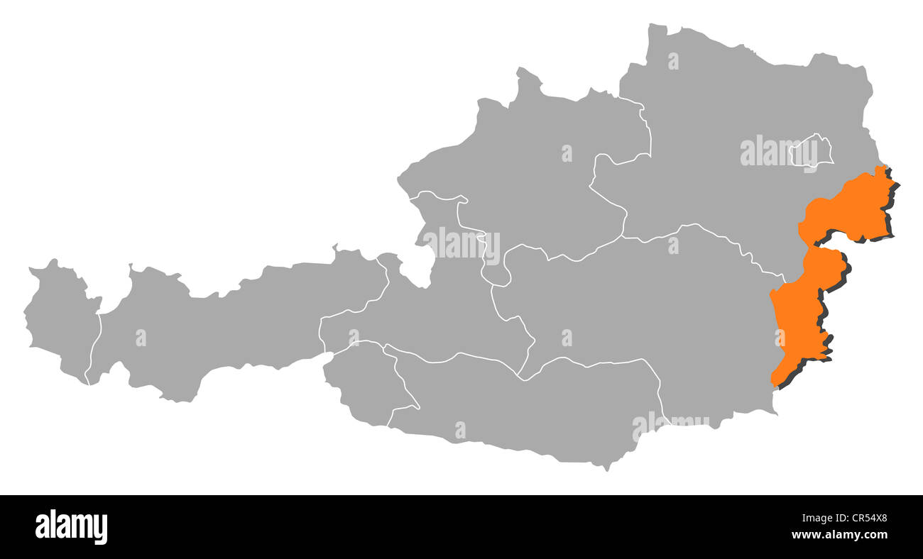 Political map of Austria with the several states where Burgenland is highlighted. Stock Photo