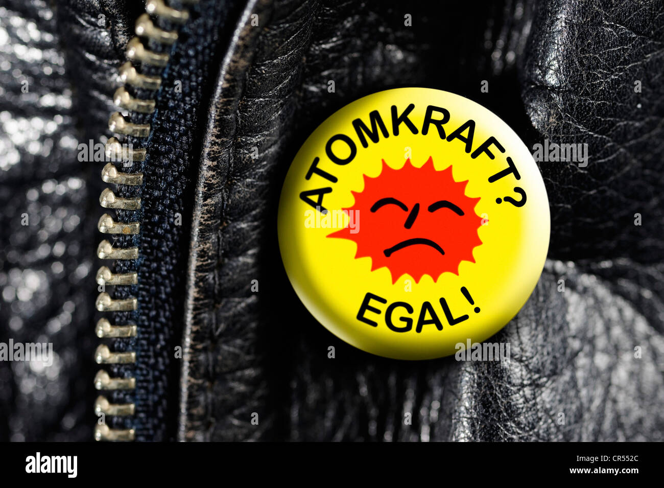 Leather jacket with a badge, Atomkraft? Egal!, German for Nuclear Power? Who cares! Stock Photo