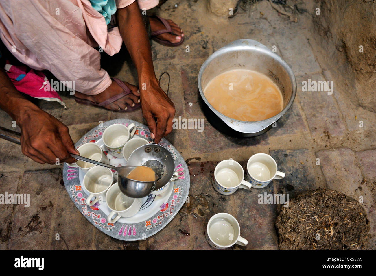 Woman serving traditional black tea with milk, Chai, Lahore, Punjab, Pakistan, Asia Stock Photo