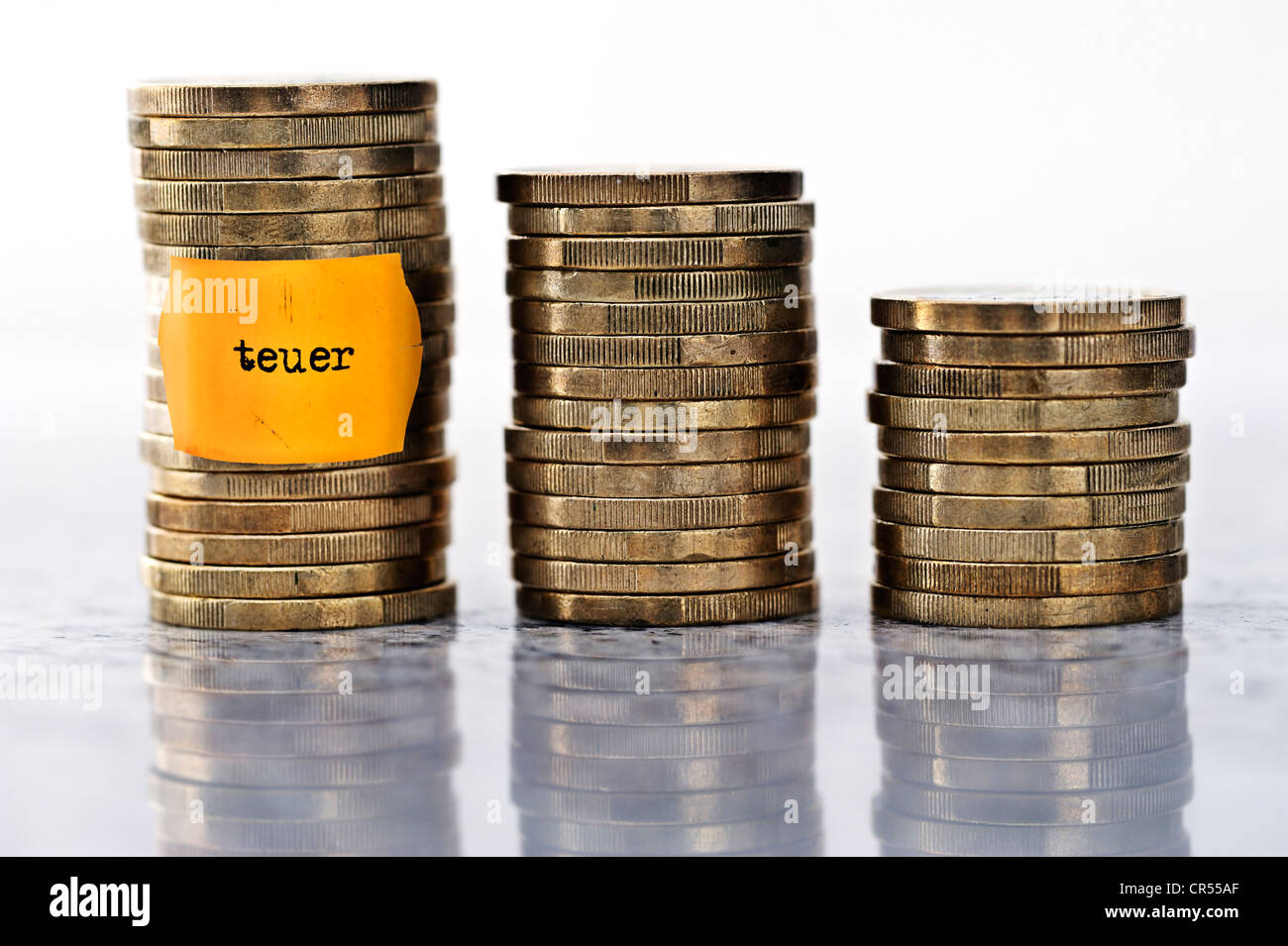 Stack of coins with price label and inscription 'teuer', German for 'expensive', symbolic image for rising food prices Stock Photo