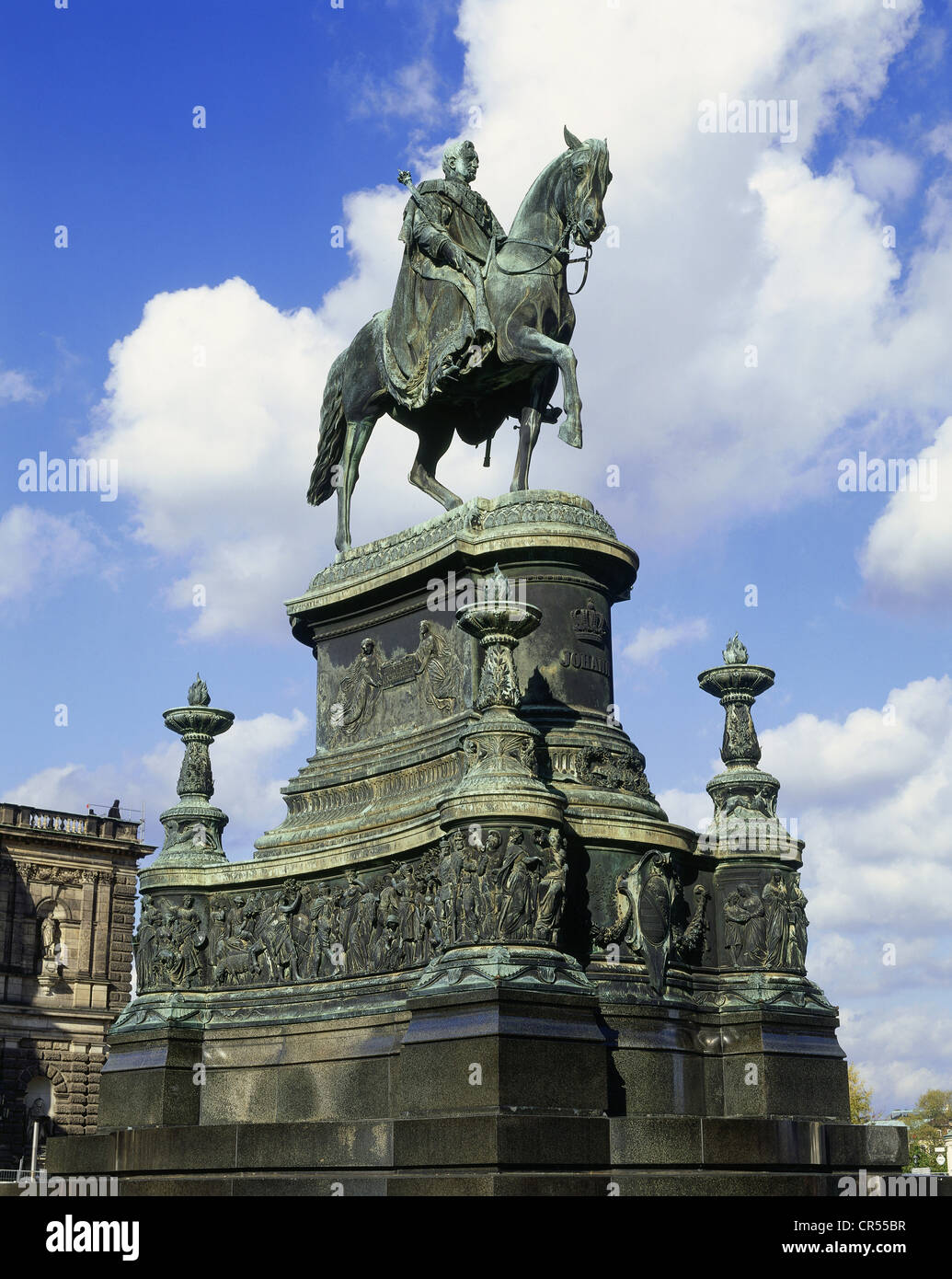 John, 12.12.1801 - 29.10.1873, King of Saxony 1854 - 1873, full length, monument, equestrian statue in front of the Semper Opera, Dresden, Germany, Stock Photo