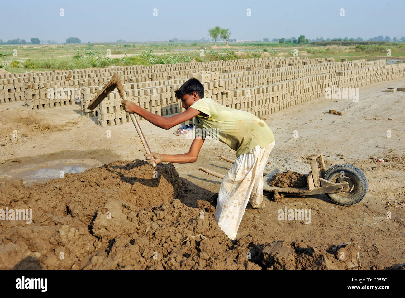 Child labour, 14-year-old boy working in a brickyard, member of the Christian minority, which is particularly affected by Stock Photo
