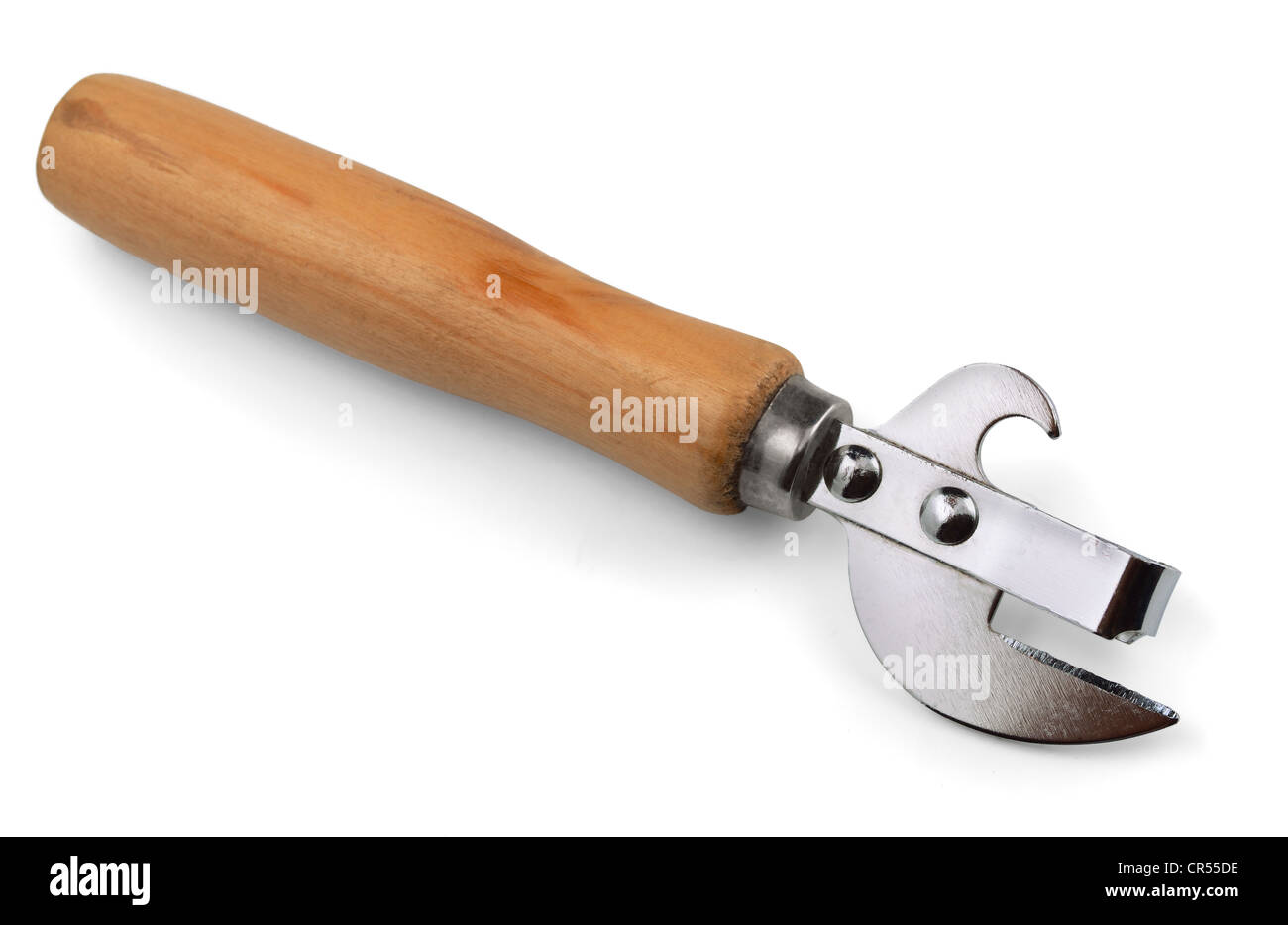 Can and bottle opener with wooden handle isolated on white Stock Photo
