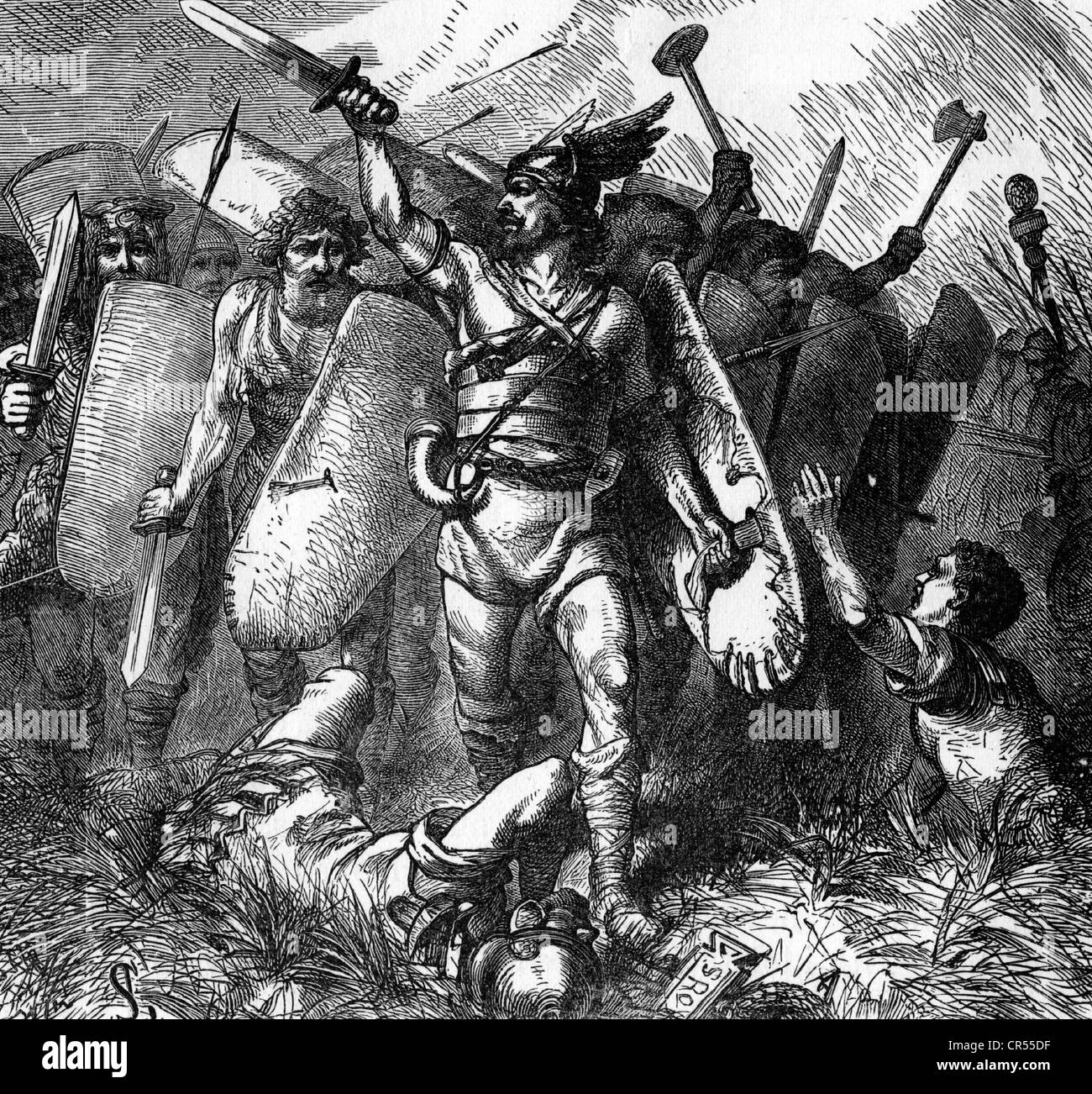 Teia, + 552, Ostrogothic king, scene, his last battle at Vesuvius, wood engraving after drawing by August Tegetmeyer (1844 - 1912), Stock Photo