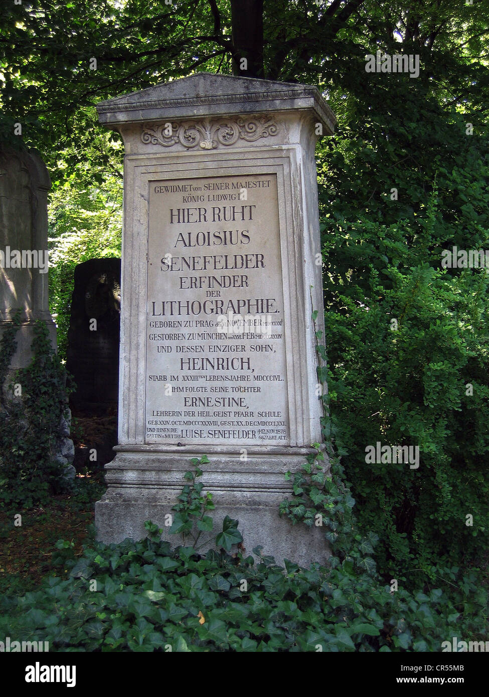 Senefelder, Alois, 6.11.1771 - 26.2.1834, Austrian actor, inventor of the the printing technique of lithography in 1796, his grave on the Southern Cemetery, Munich, Germany, Stock Photo