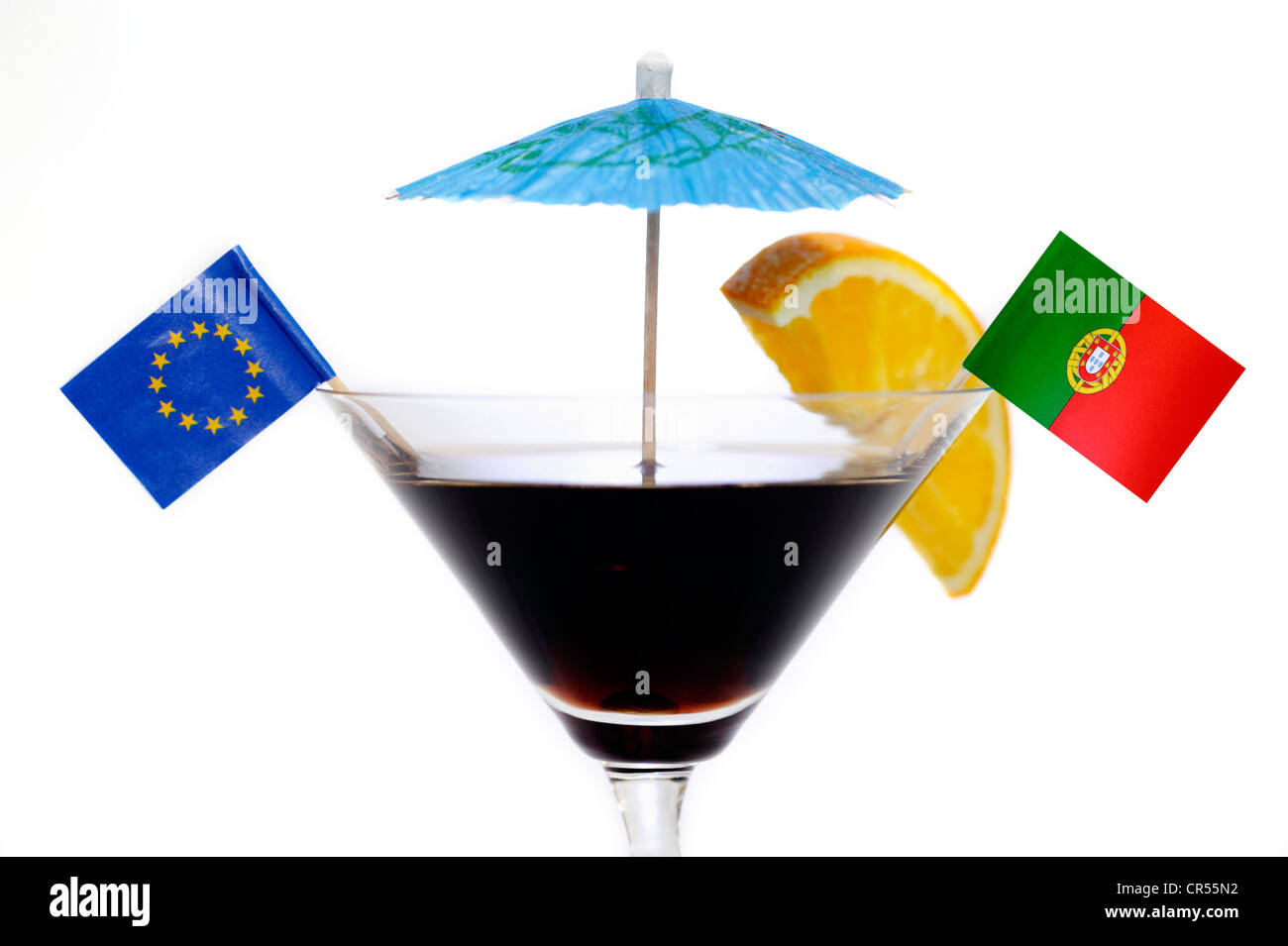 Cocktail glass with the EU and Portugese flags Stock Photo