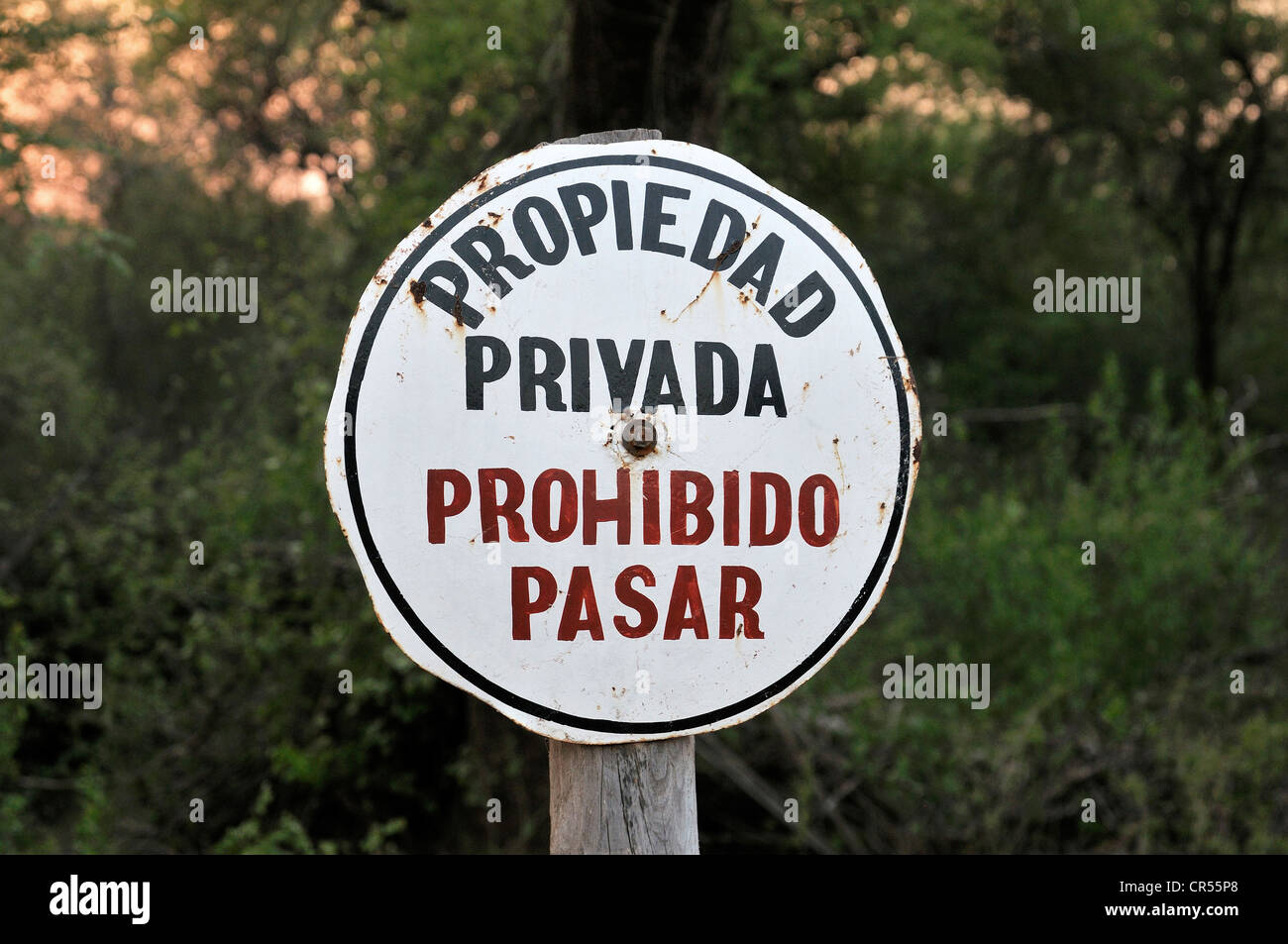 Sign 'Propiedad privada, Prohibido pasar', 'private property, access prohibited', marking the grounds of a major landowner in Stock Photo