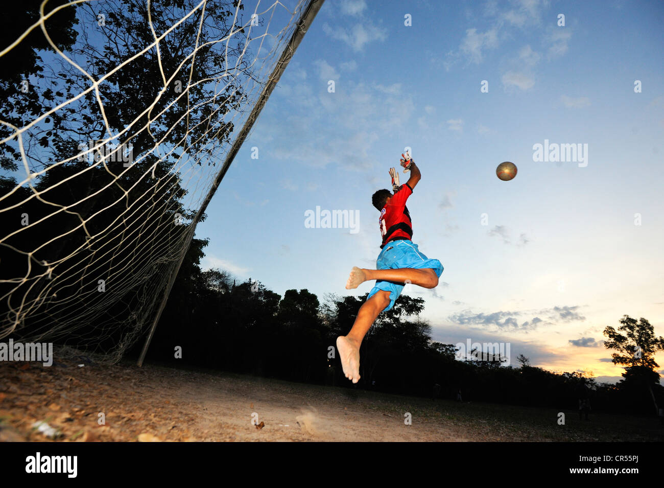 Goalkeeper wearing the jersey of Flamengo football club on a pitch, Brazil, South America, Latin America Stock Photo