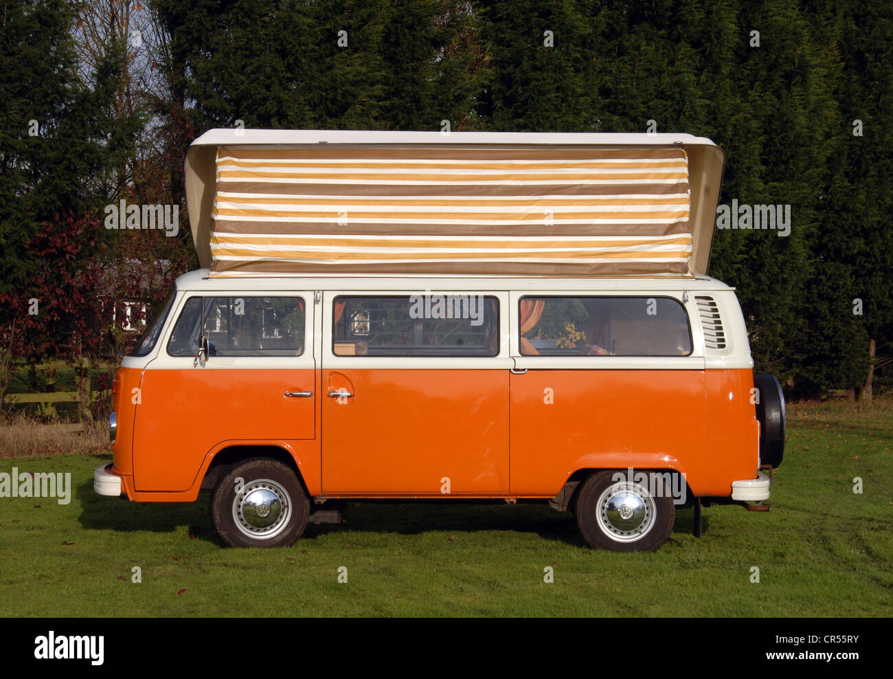 Bay WIndow VW Volkswagen camper van, micro bus with pop top roof up Stock  Photo - Alamy
