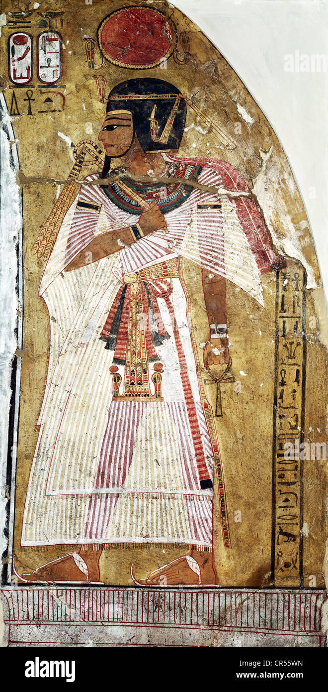 Amenhotep I, King of Egypt 1527 - 1506 BC, full length, 18th Dynasty, fresco (detail of a stele?), illustration as protector of the necropolis, Stock Photo